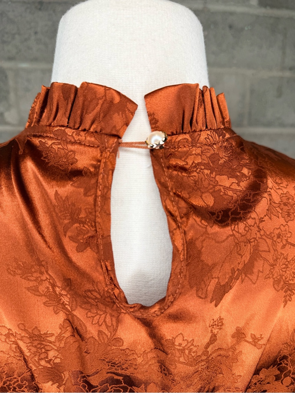 Rust Satin Jacquard Midi Dress Puff Sleeve Mock Neck Cottagecore Boho - Picture 11 of 14